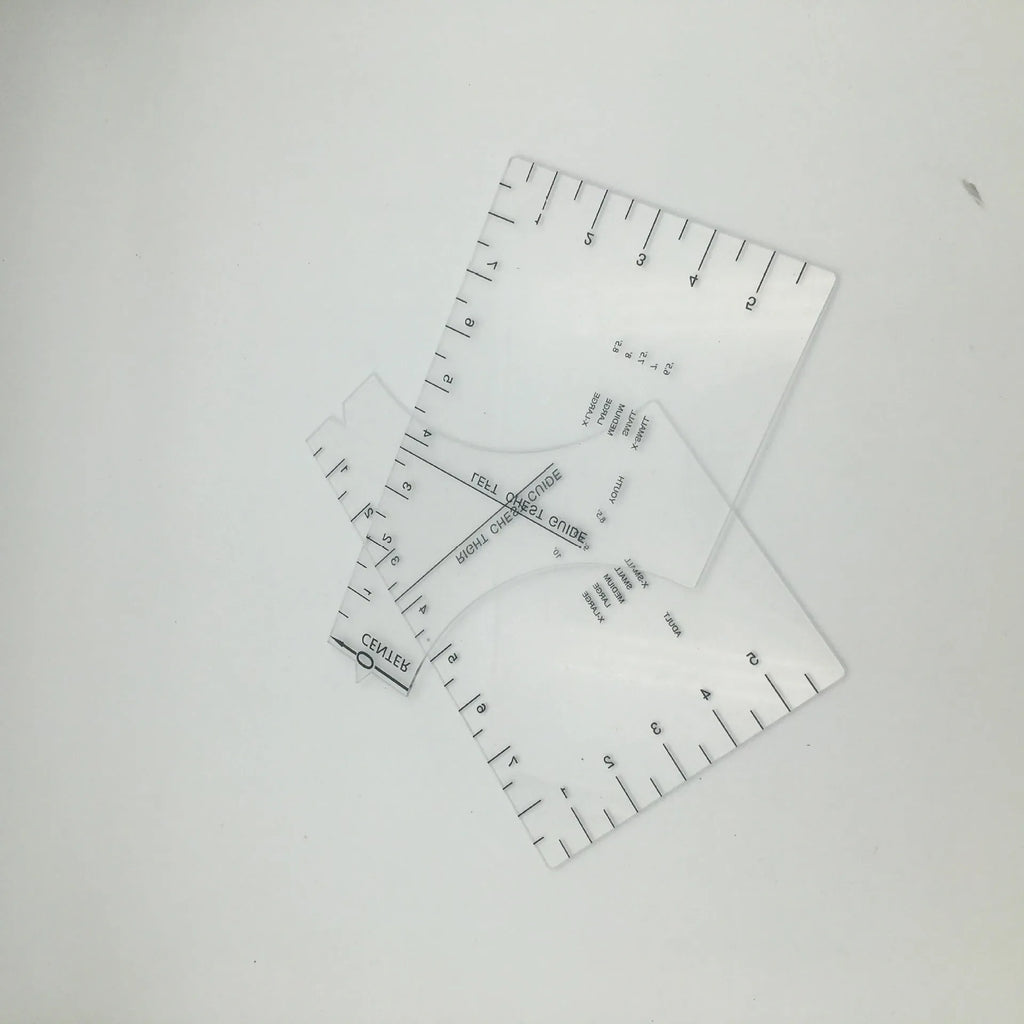 Transparent acrylic sewing ruler patch for T-shirt alignment, 10x6 inches.
