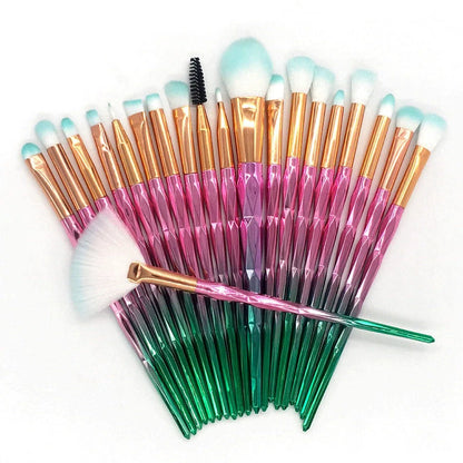 20 makeup brushes with artificial fibre bristles and 16cm plastic handles in organised set