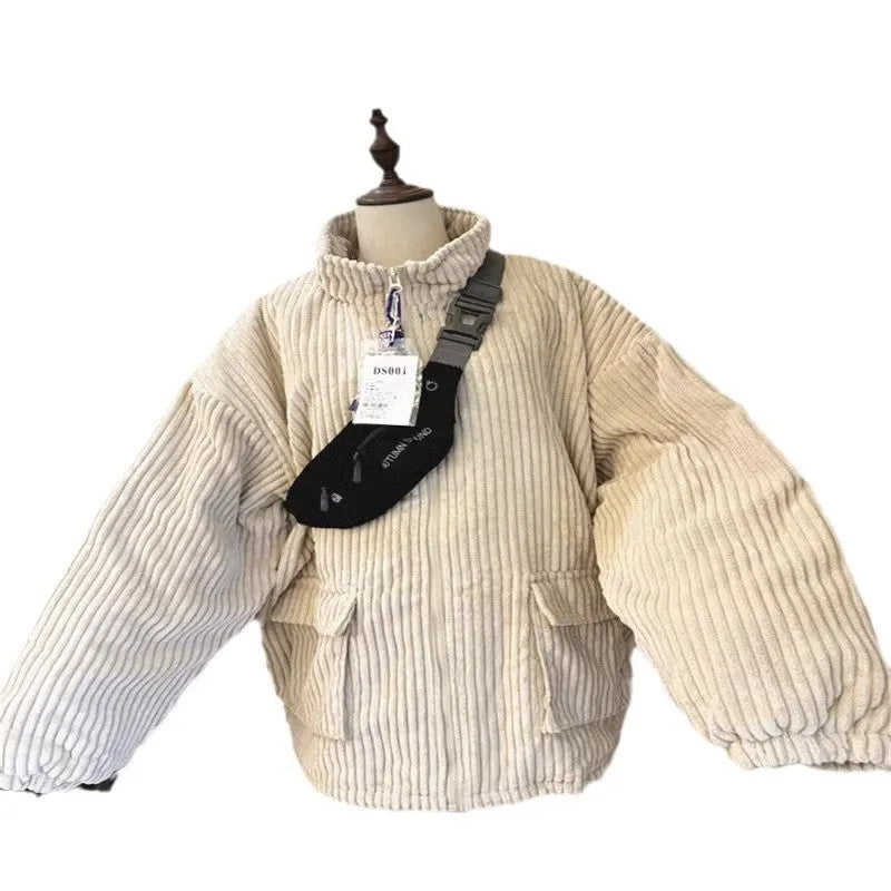 Men's thick corduroy bread coat in khaki, loose cardigan fit with patch pocket on front