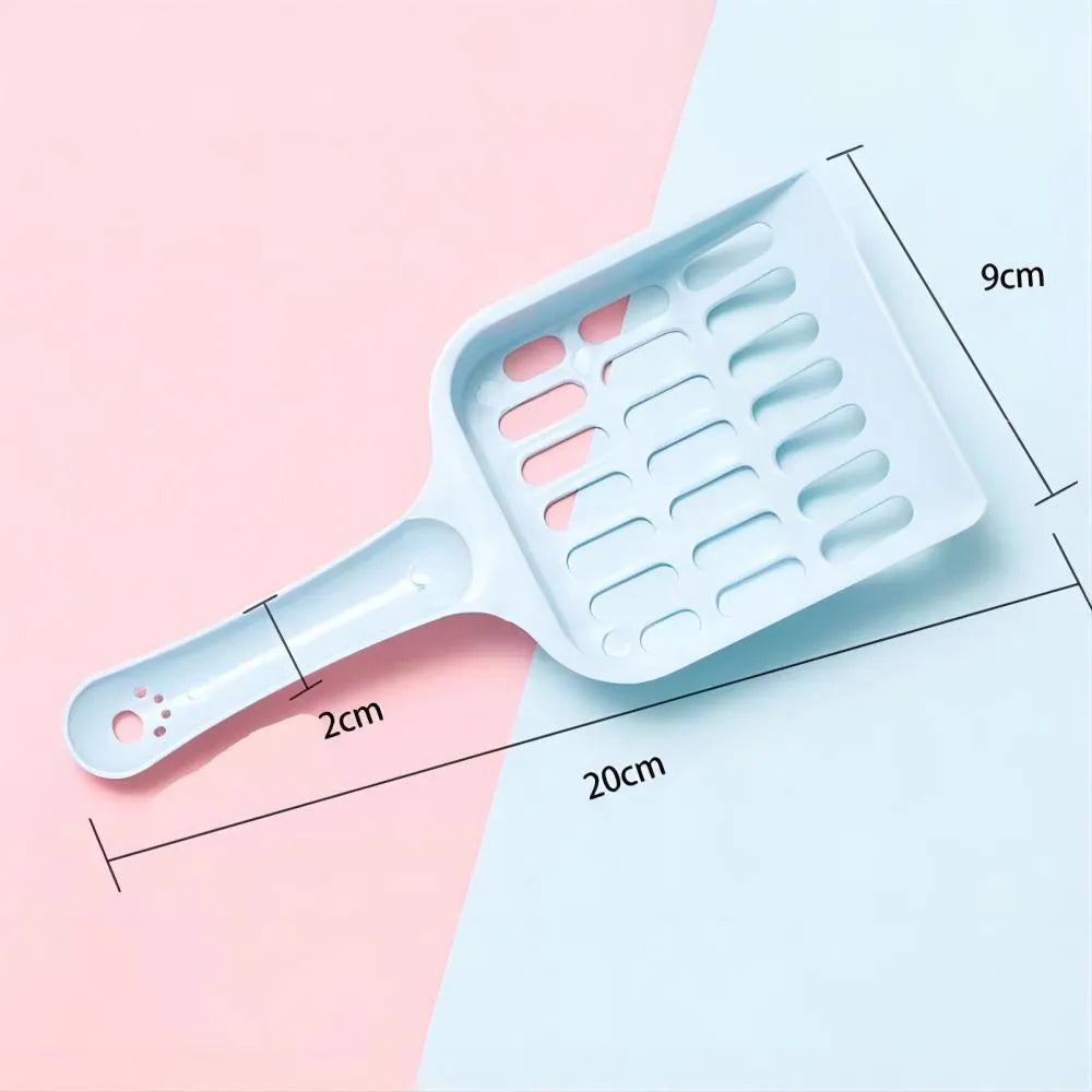 Blue plastic cat litter scoop showing 20cm length and slotted design for sifting pet litter