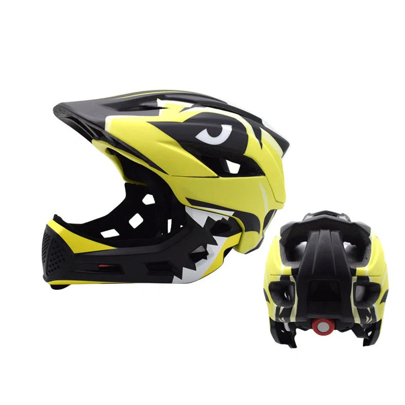 Blue children's full face bicycle helmet with ventilation holes and adjustable head strap