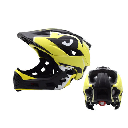 Blue children's full face bicycle helmet with ventilation holes and adjustable head strap