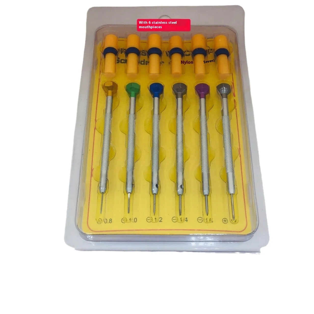 Six colour aluminium handle screwdrivers for watch repair with spring steel cutter heads