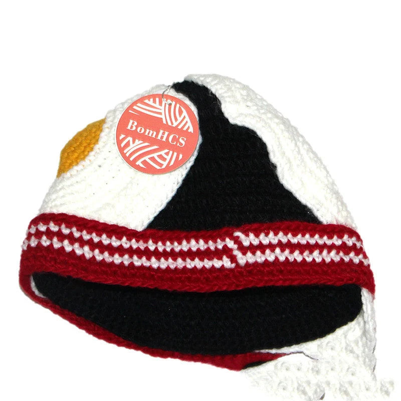 Hand-knitted egg hat in white, perfect for winter warmth and party costumes