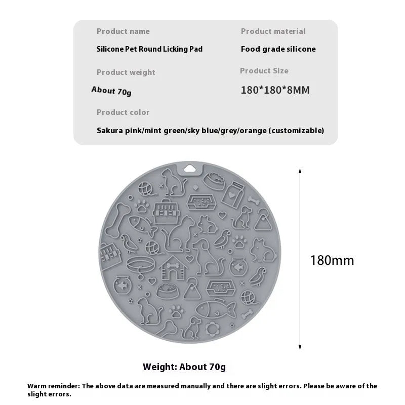 Round blue silicone pet licking mat with textured surface and central sucker on a white background.