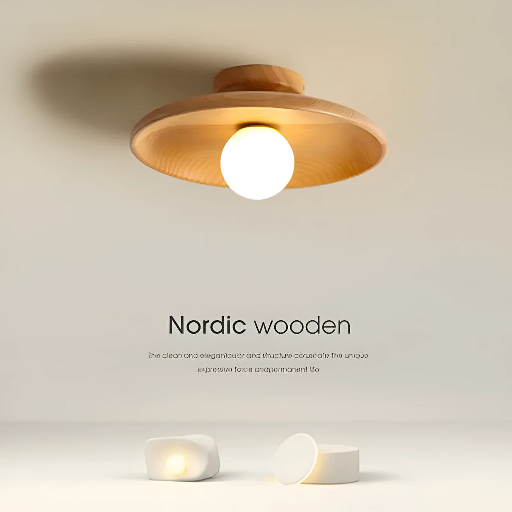 Solid wood ceiling lamp with glass shade in minimalist circular design
