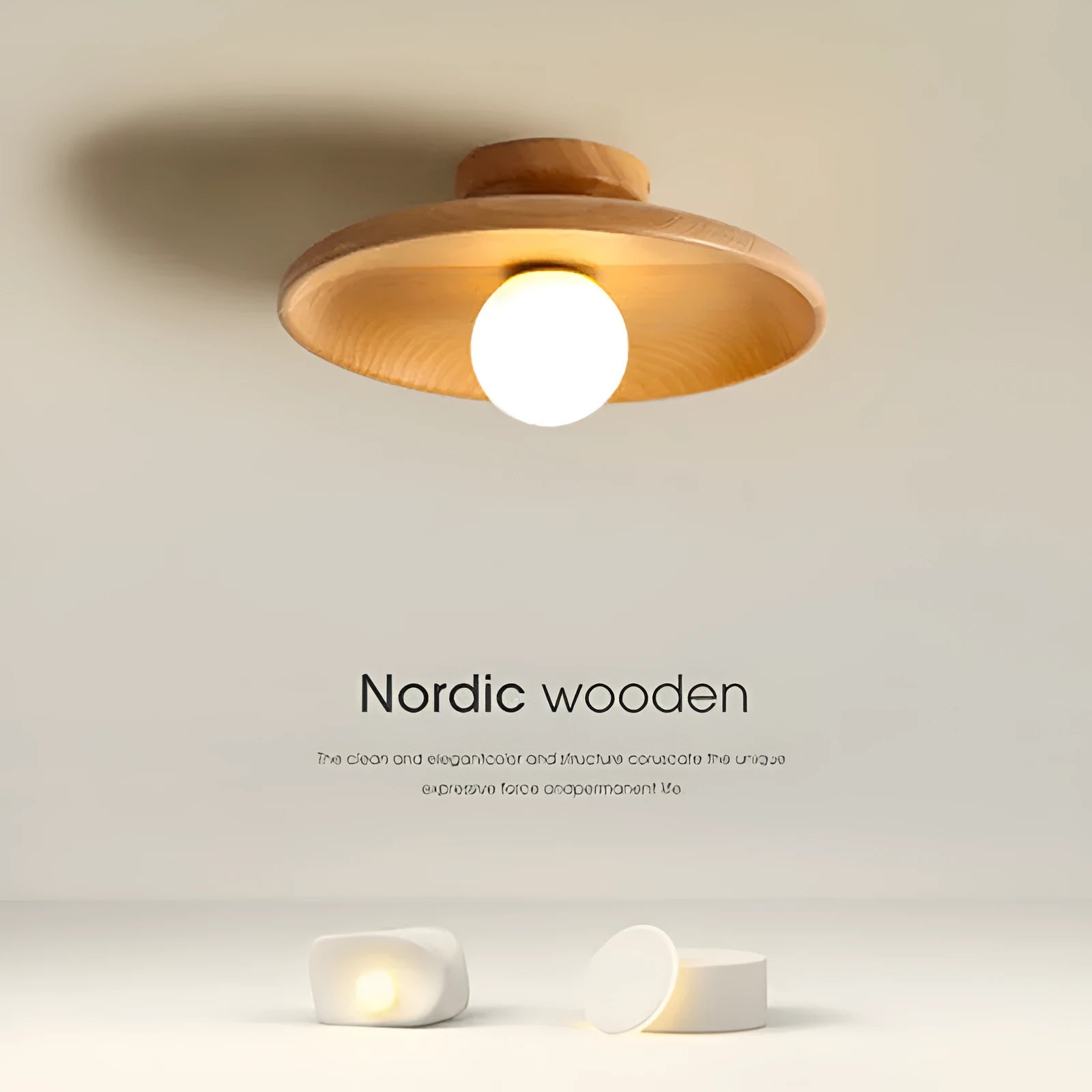 Solid wood ceiling lamp with glass shade in minimalist circular design