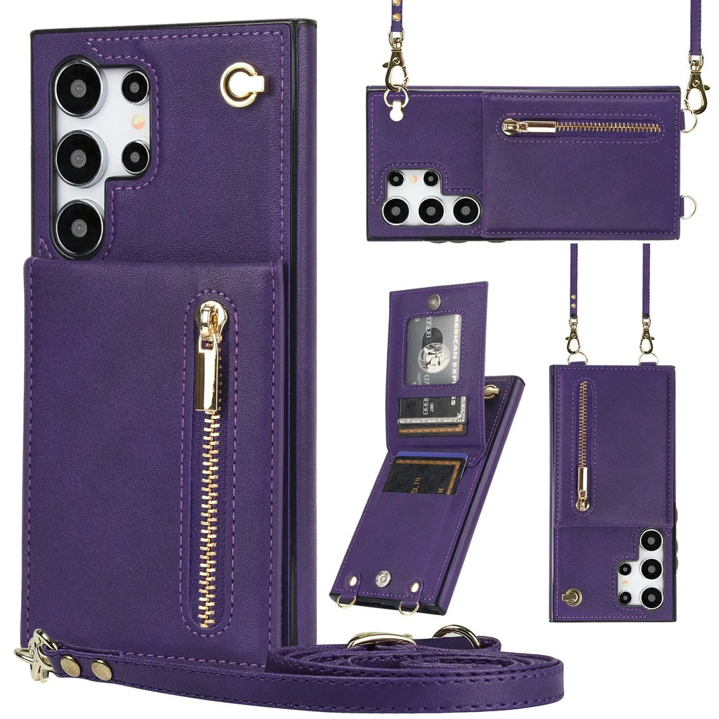 Samsung leather card holder crossbody phone case with zipper bracket in multiple colour options