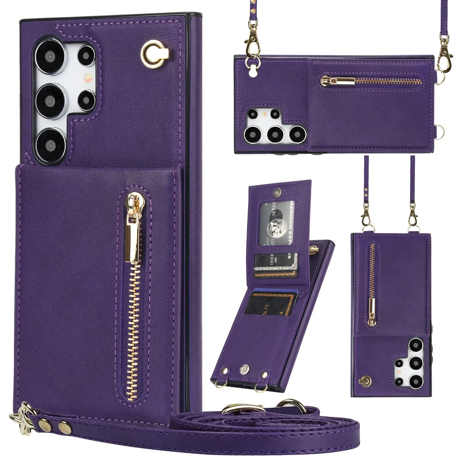 Samsung leather card holder crossbody phone case with zipper bracket in multiple colour options