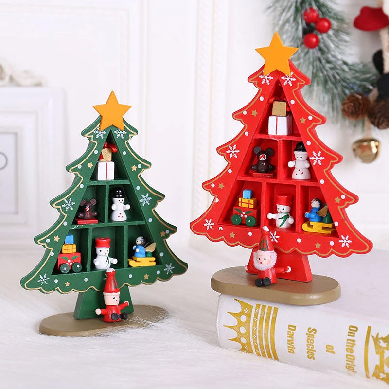 Wooden Christmas tree ornaments in red and green, perfect for festive decoration