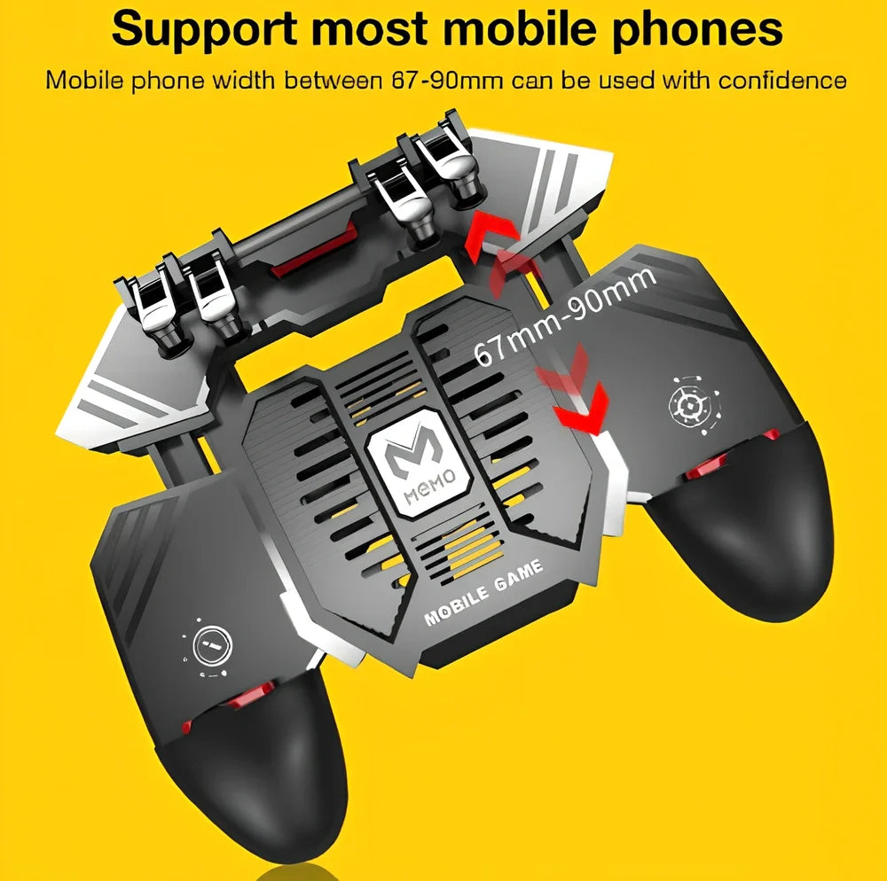 Black AK77 game controller handle with rotatable lever and touch triggers for PUBG on 67-90mm mobiles, 1200mAh battery