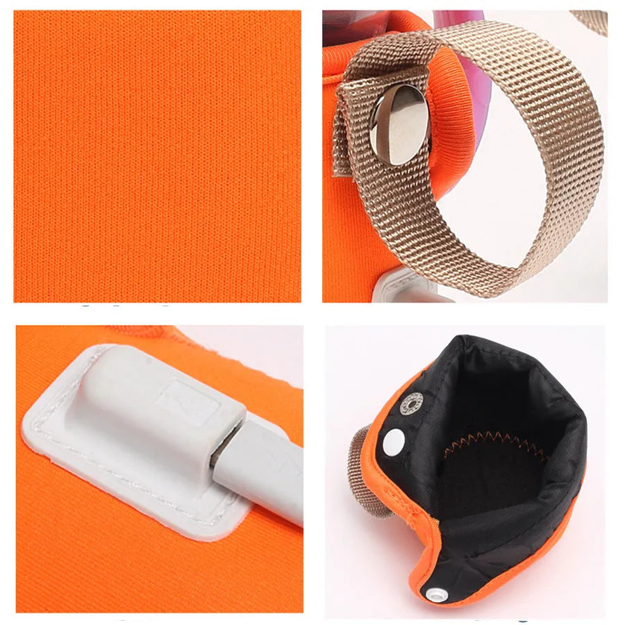 USB baby bottle warmer with cotton sleeve in orange or blue, showing dimensions of 6.5 cm by 10 cm