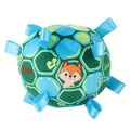 Green plush ball dog toy with a fabric handle, shown next to a yellow and a watermelon-coloured version.