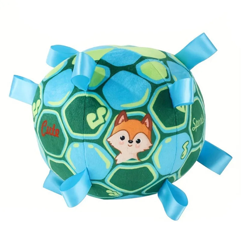 Green plush ball dog toy with a fabric handle, shown next to a yellow and a watermelon-coloured version.