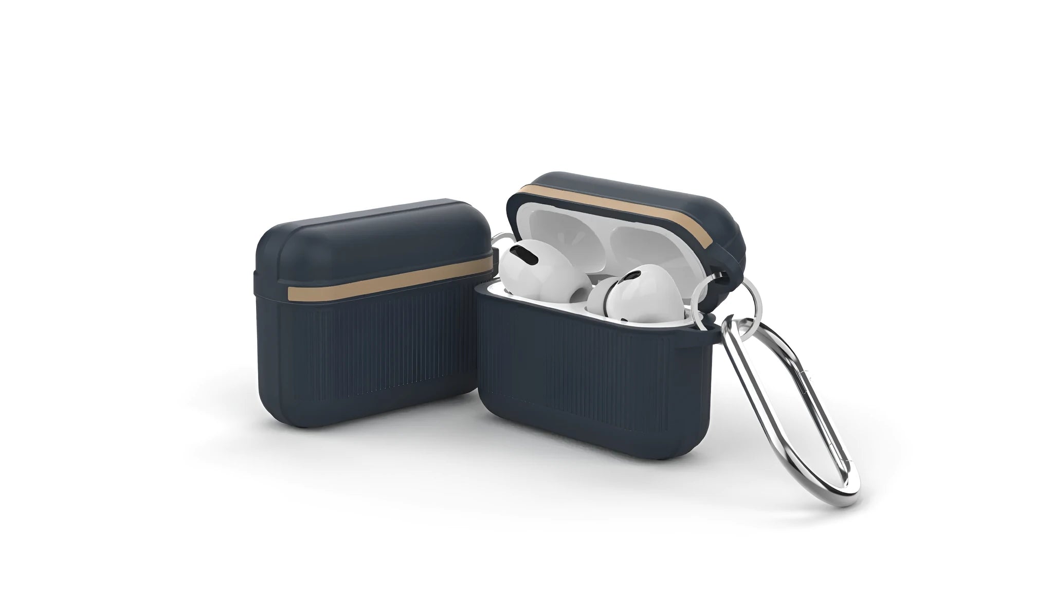 Beige silicone clamshell case for Apple AirPods with a metal buckle fastened.
