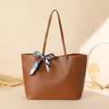 Solid colour PU ladies shoulder bag with scarf decoration, colour block design, medium soft, 45x29x13cm, black lychee grain colour option