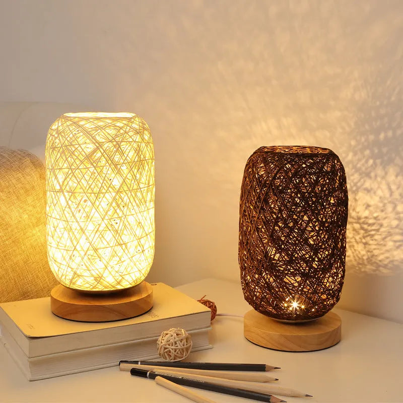Dimmable LED night light with wooden twine vine finish on a bedside table, warm light, beige lampshade