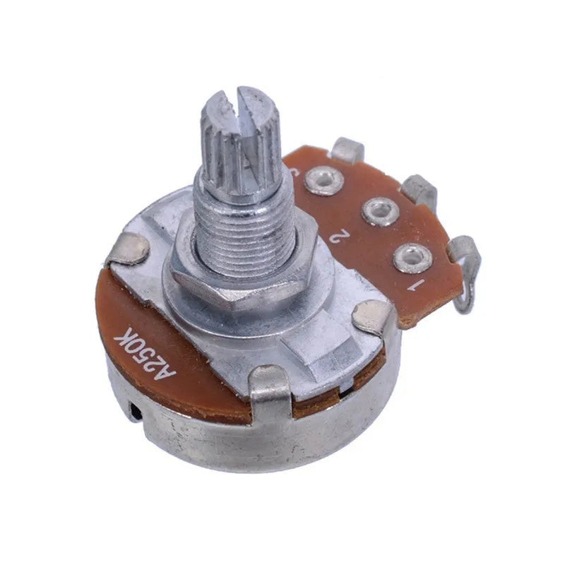 A single metal potentiometer knob for electric guitar tone or volume control.