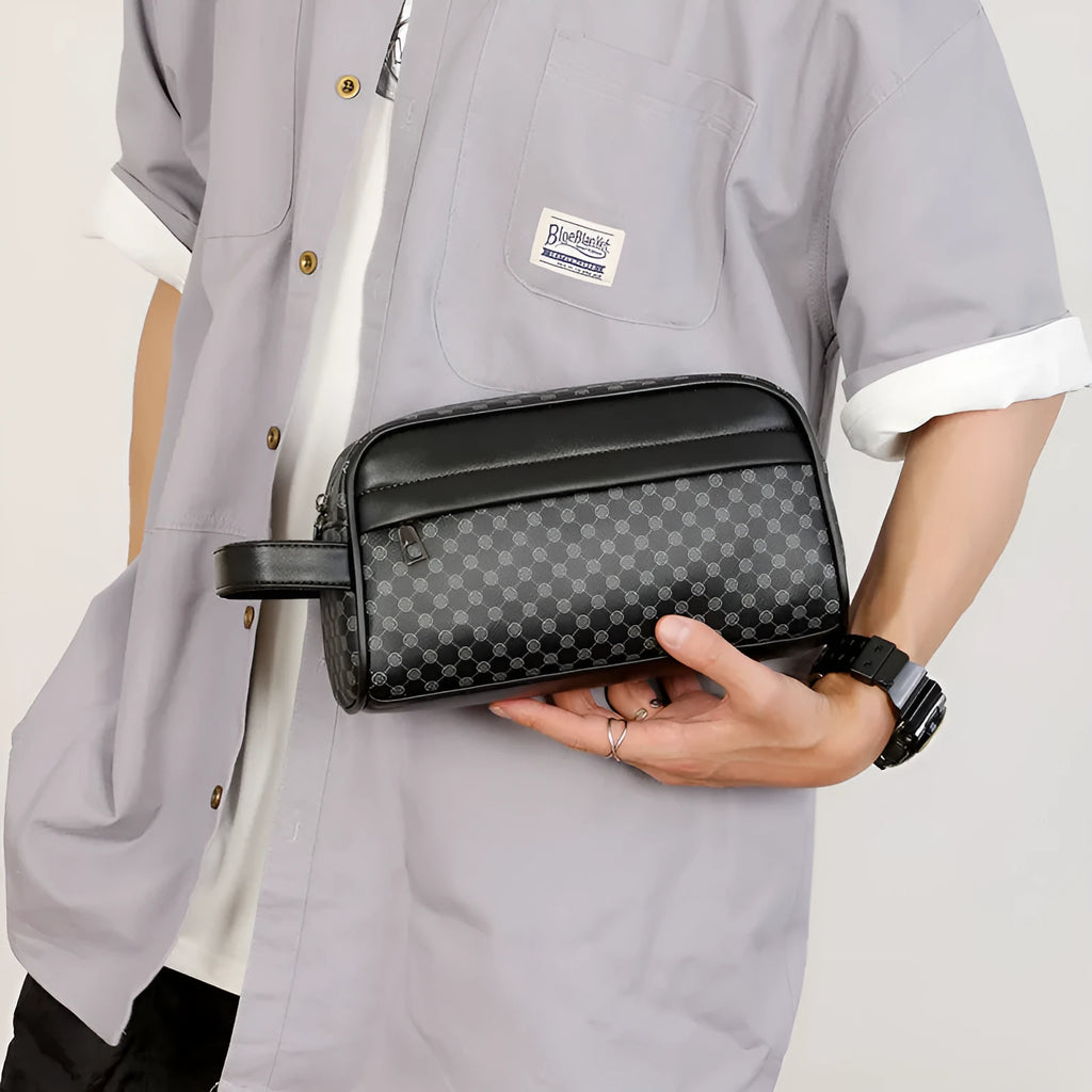 Men's vintage plaid printed PVC ultra-light waterproof crossbody handbag in Black Peach Heart colour