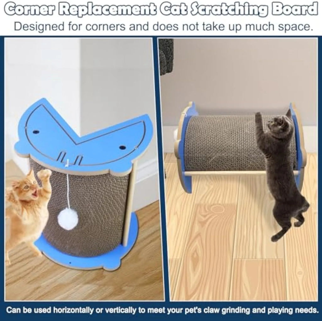 Grey cardboard corner cat scratching pad with hanging ball against a white wall.