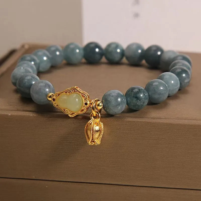 Sky blue natural stone bracelet for women with a gourd lotus pendant and flower-shaped beads