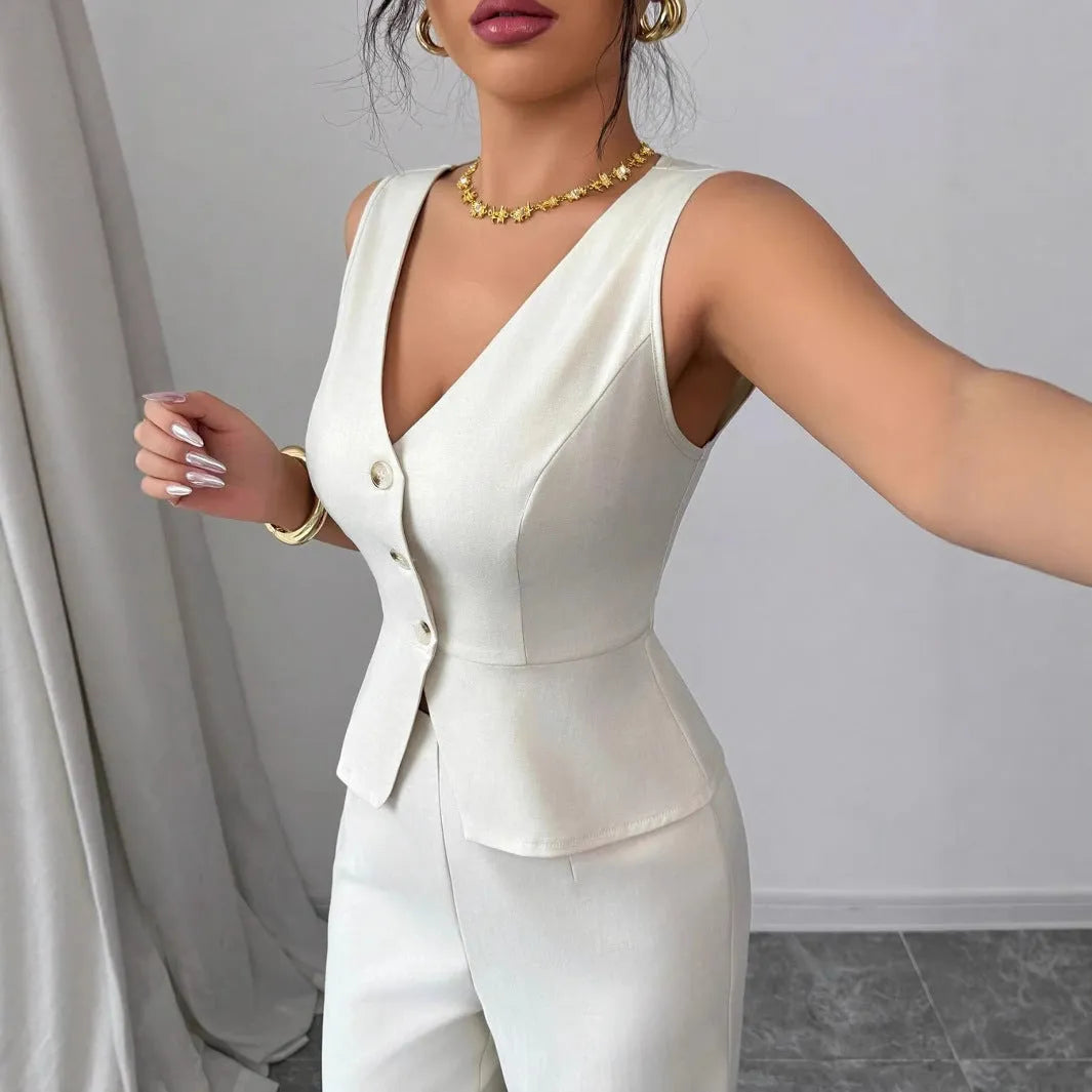 Women's sleeveless slim fit vest and high-waist trousers two-piece set in solid colour.