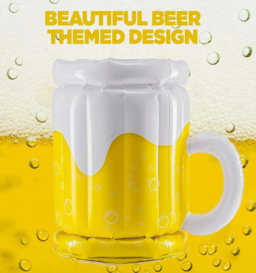 Large yellow inflatable beer mug cooler floating in swimming pool with drinks