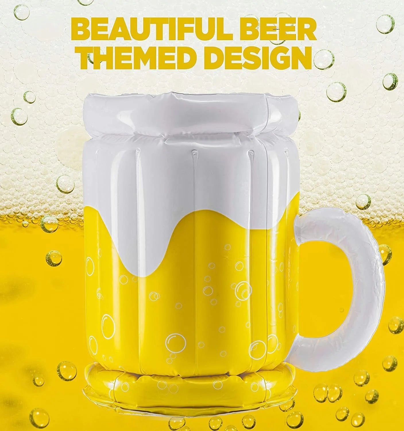 Large yellow inflatable beer mug cooler floating in swimming pool with drinks