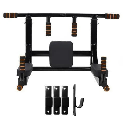Black wall-mounted sandbag rack with parallel pull-up bars for indoor and outdoor fitness training