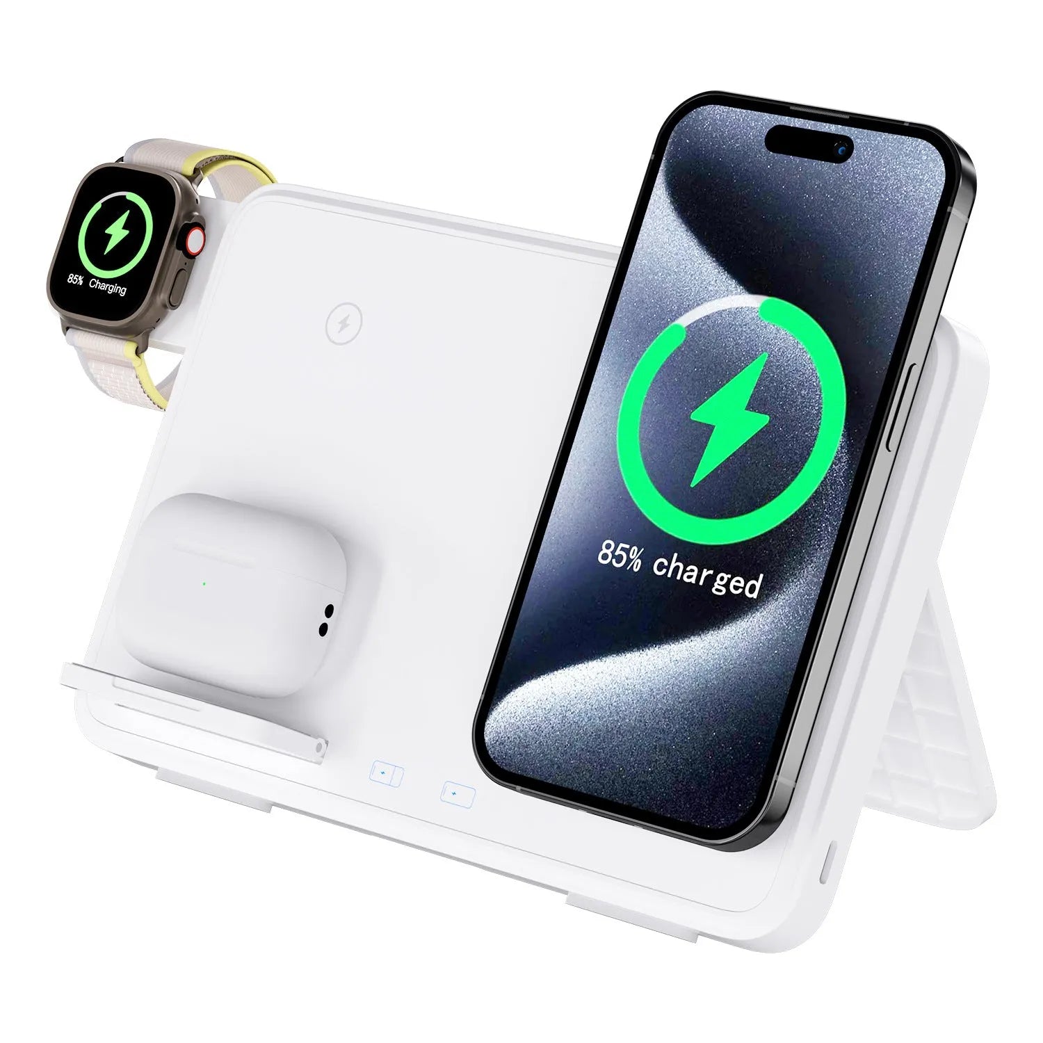 Three-in-one wireless charger in ivory white with a smartphone placed on the charging pad and magnetic support visible