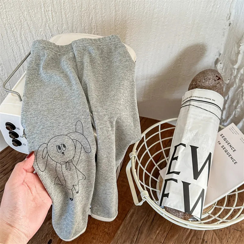 Girls' cotton rabbit print cropped leggings in beige and mixed gray, sizes 80-130cm, spring autumn wear
