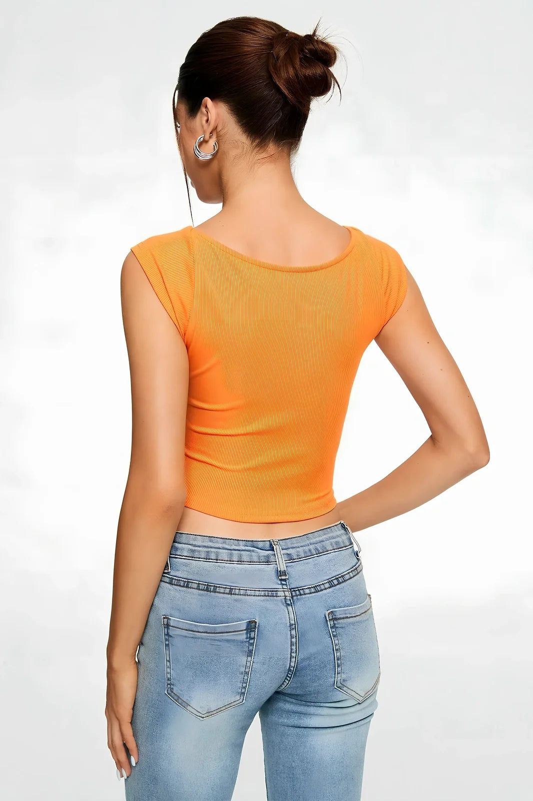 Black ribbed sleeveless crop top with sweetheart neckline, 90% polyester 10% spandex, sizes XS-XL