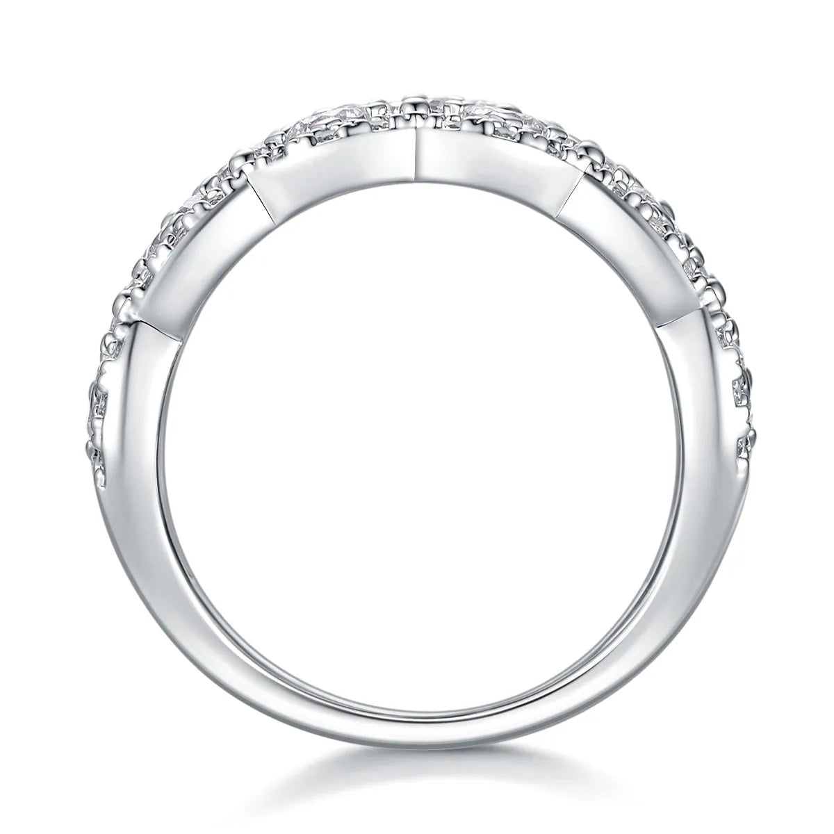 Lace Snowflake moissanite wedding ring set in S925 silver with platinum plating on a black background