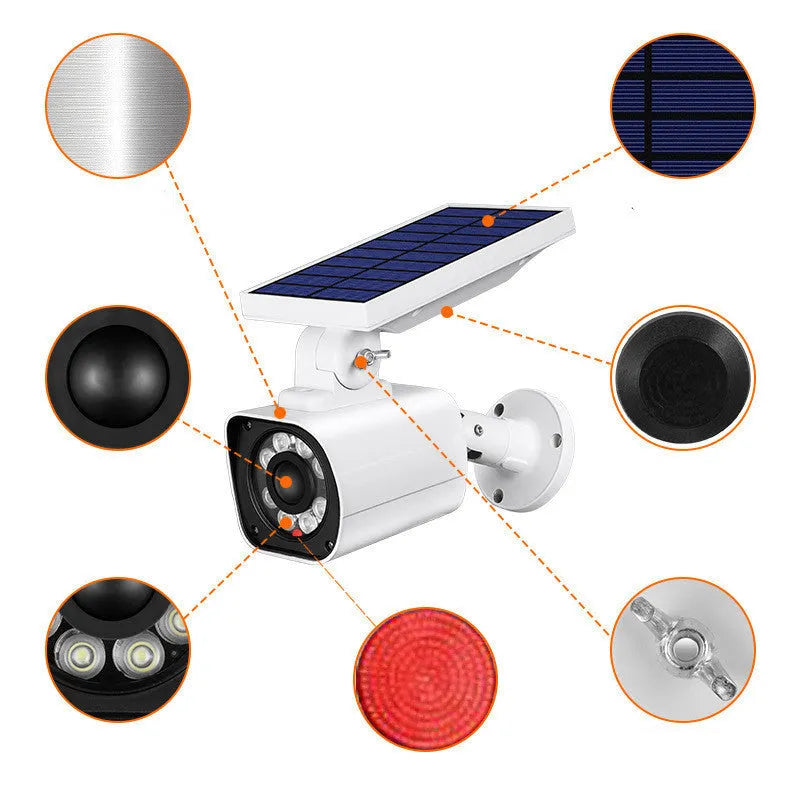 Outdoor solar simulation camera search light with aluminium alloy and ABS shell, 800 lumen LED, IP67 rating, white colour, courtyard garden placement