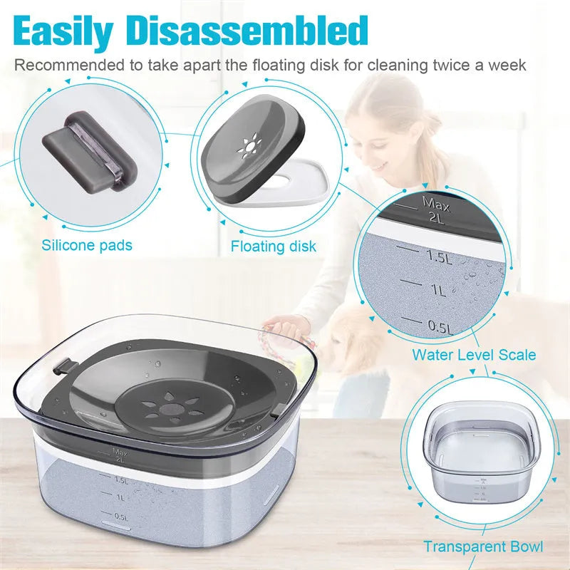 Transparent plastic dog water bowl with floating slow-feeder disk inside.