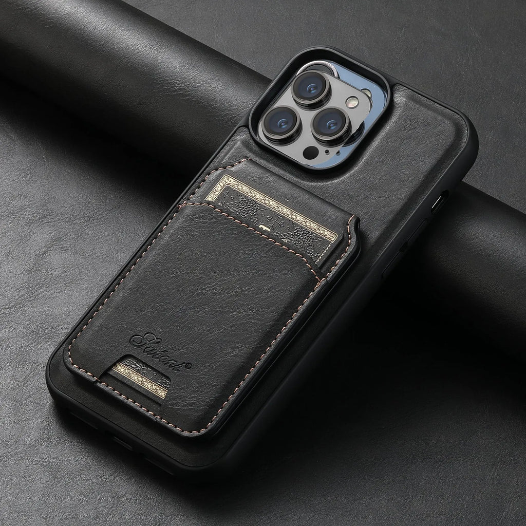 MagSafe silicone iPhone case with rear magnetic card holder in oil wax finish colours.