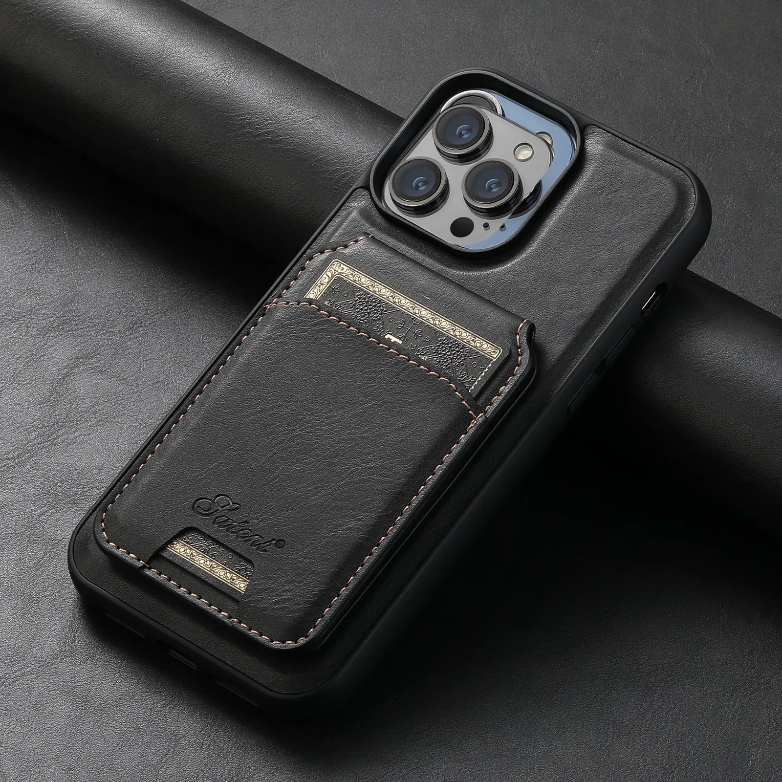 MagSafe silicone iPhone case with rear magnetic card holder in oil wax finish colours.