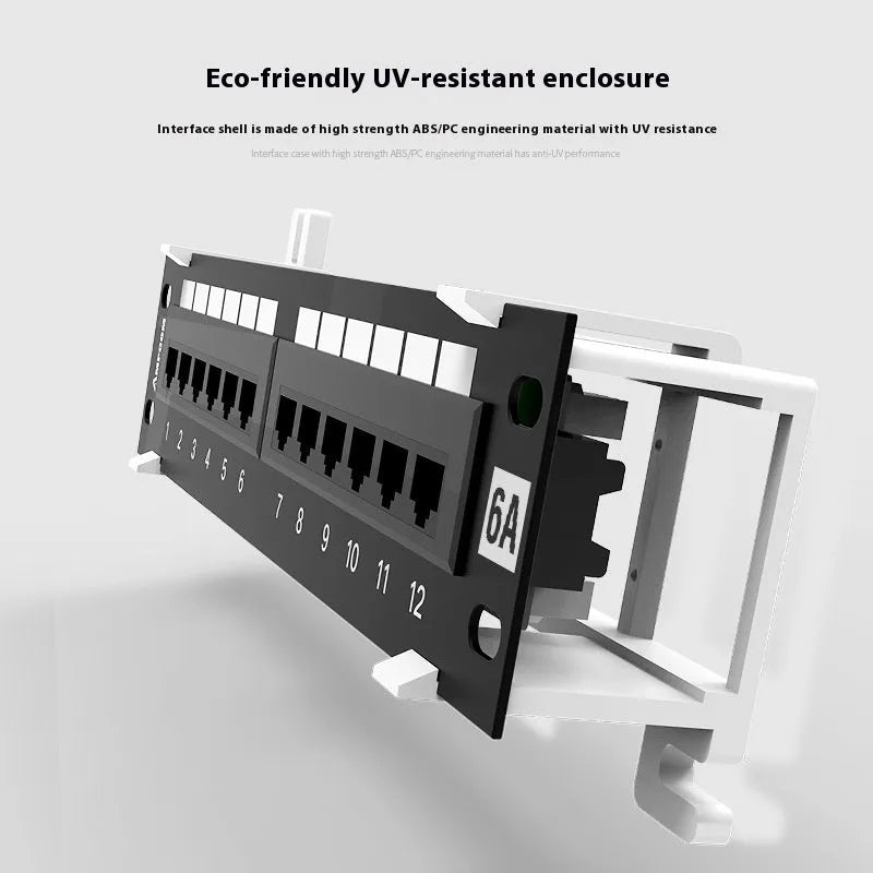Black 12-port unshielded network distribution frame with hook bracket and accessories on a white background.