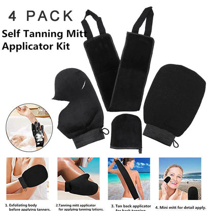 Premium 4-in-1 self-tanning applicator kit with soft, streak-free mitt, exfoliating glove, mini face mitt, and back applicator for flawless, natural-looking tan