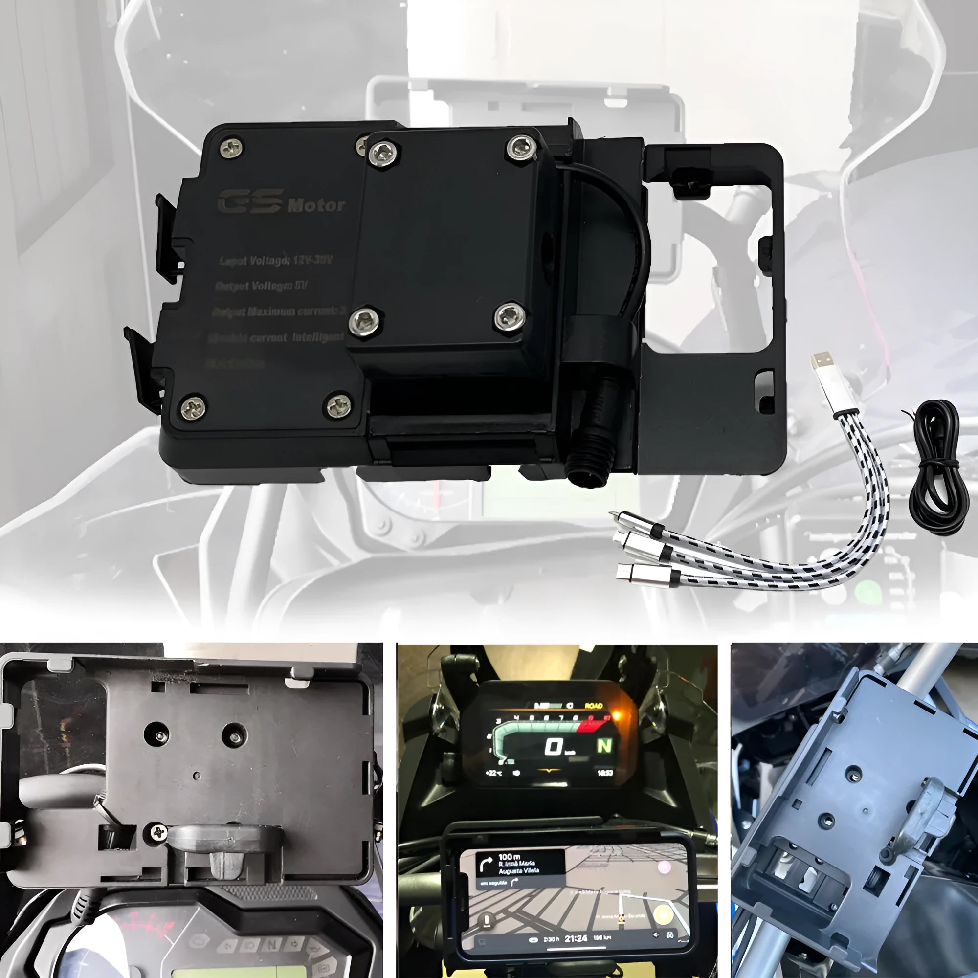 Black ABS plastic phone navigation bracket for BMW R1200GS and R1250GS motorcycles