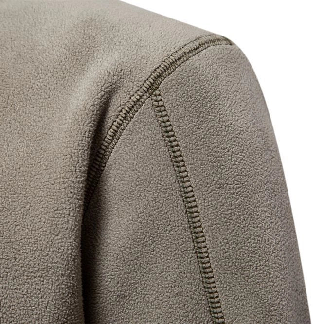 Men's stand-collar zippered fleece sweatshirt in olive green, brown, and dark grey