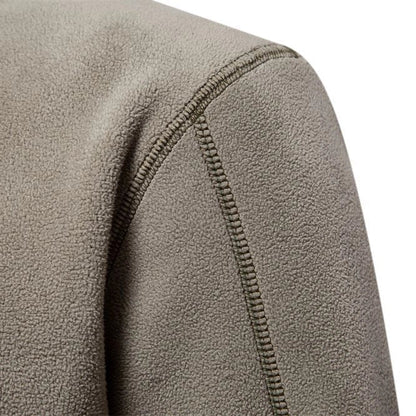 Men's stand-collar zippered fleece sweatshirt in olive green, brown, and dark grey