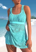 Women's two-piece swimwear set in hollow conservative split style with sleeveless briefs and solid colour.