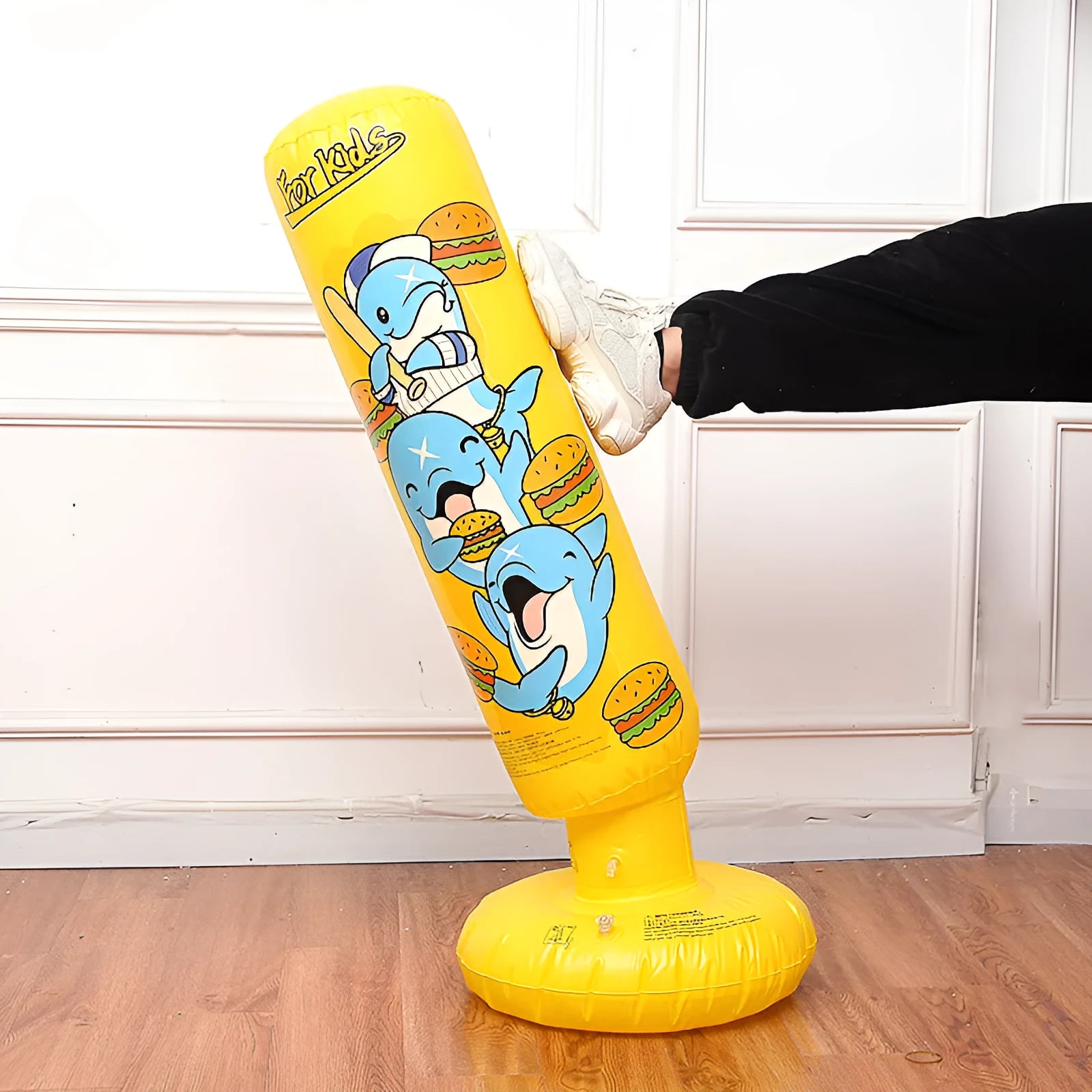 Yellow hamburger pattern inflatable boxing column standing upright at 120cm height for punching practice