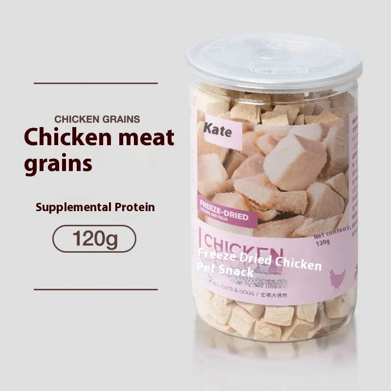 500g bag or barrel of freeze-dried chicken nugget cat treats on a plain background