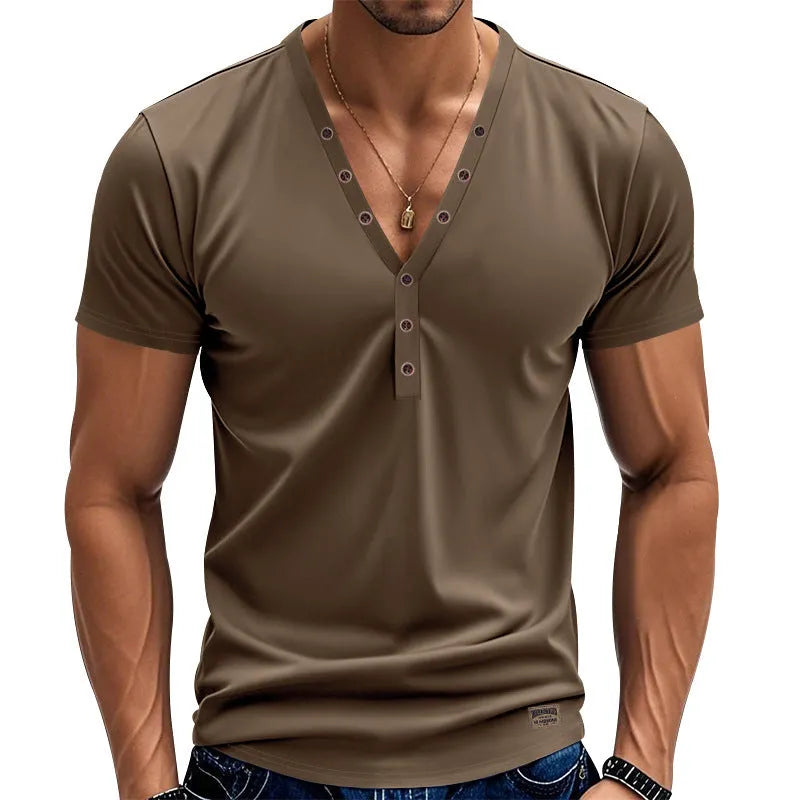 Men's loose thin V-neck button design sports top in chemical fibre blend fabric