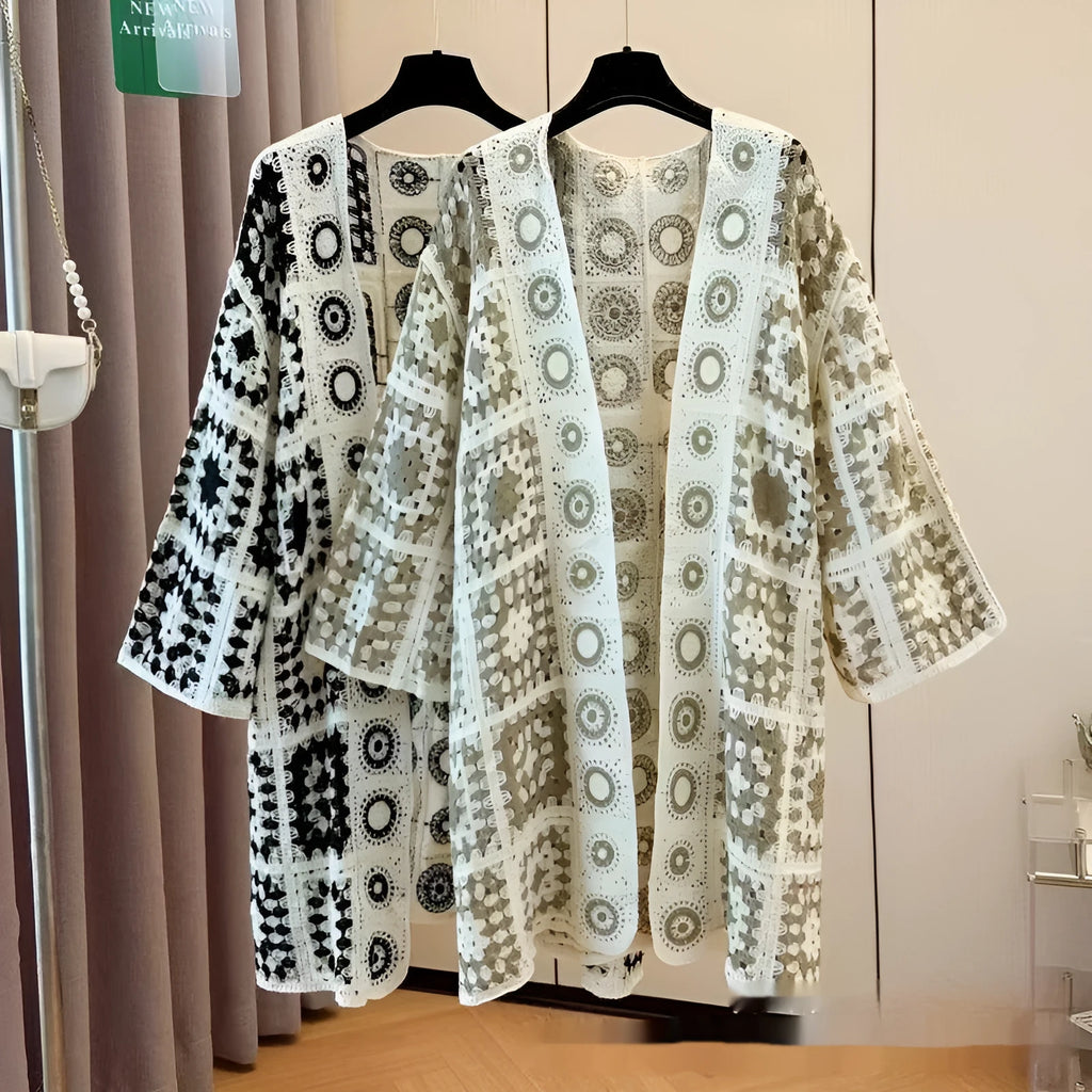 Ladies' loose embroidered thin knit cotton cardigan in black, open front, one size