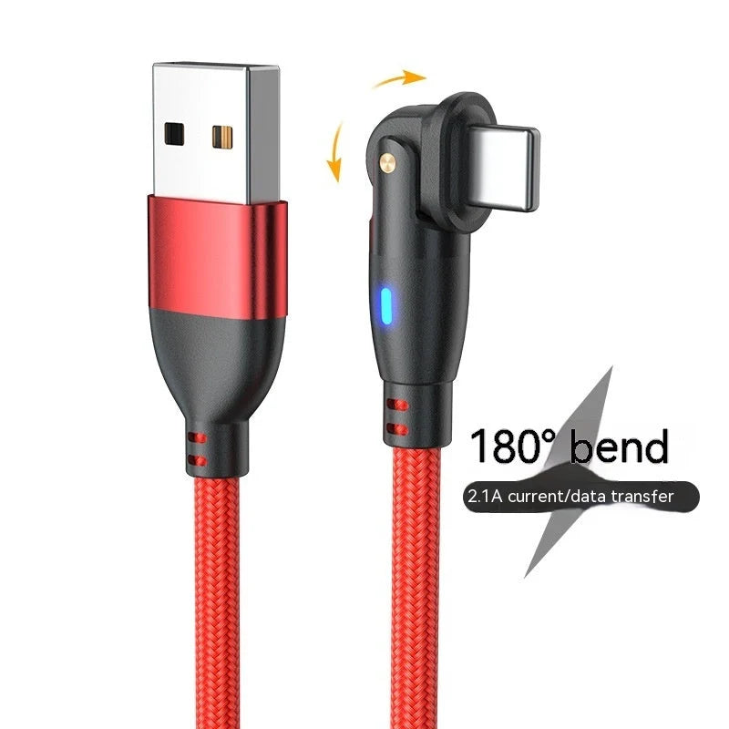 180-degree bendable fast charge data cable in black, red, and purple