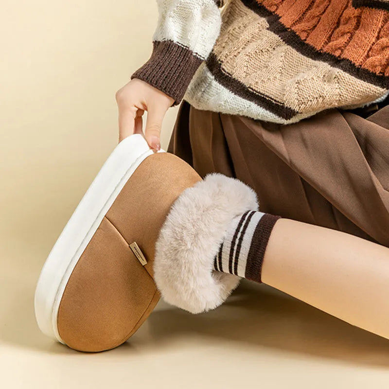 Beige women's winter ankle boots with plush upper, thick EVA sole, and round toe