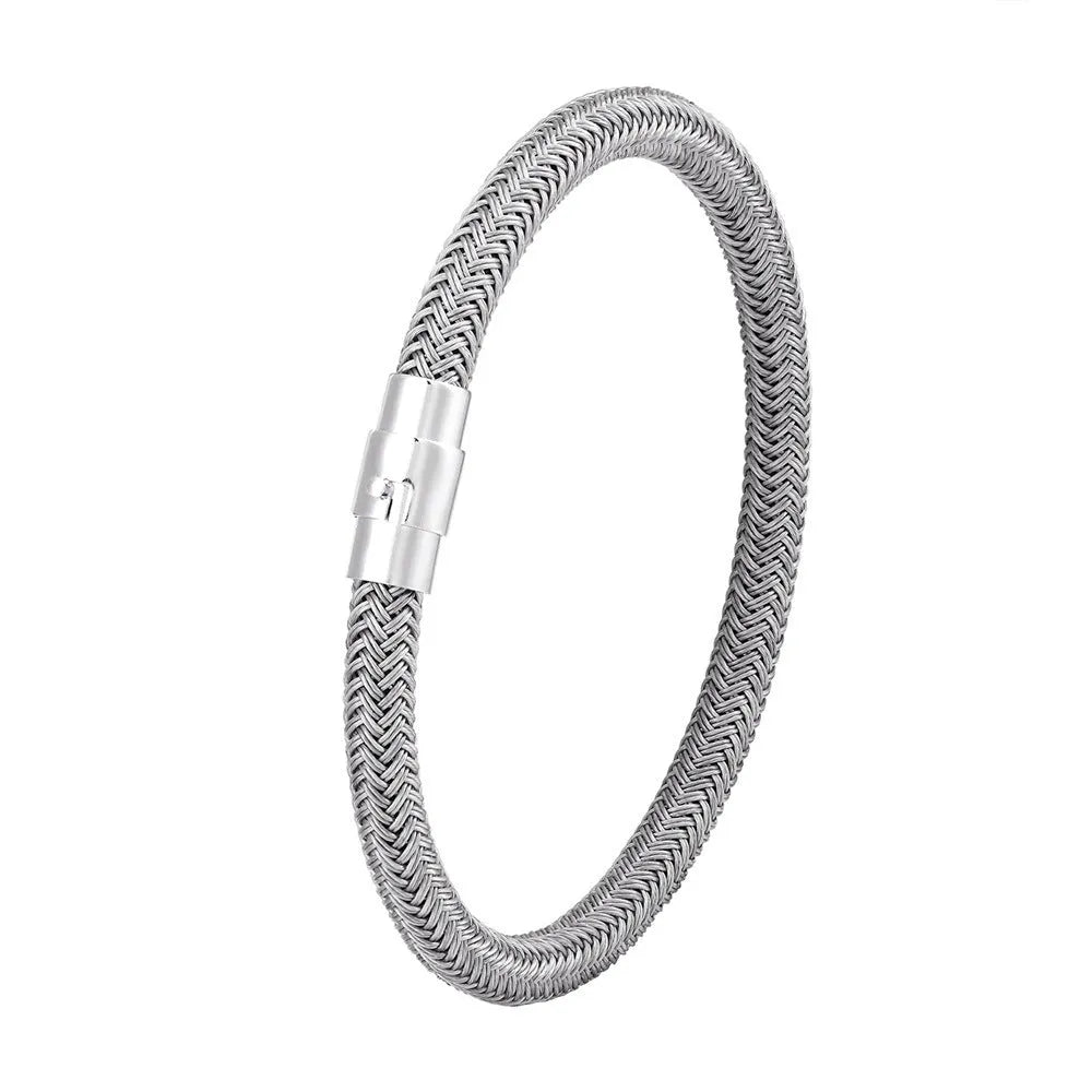 Titanium steel geometric wire bracelet with a magnetic clasp shown in one of four colour options.